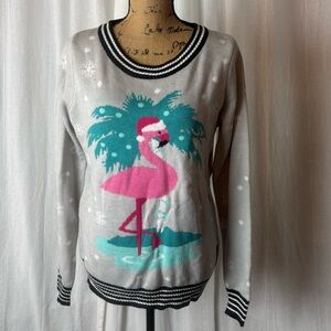 Tipsy Elves Gray Pink Flamingo Christmas Women's Sweater Long Sleeve Medium